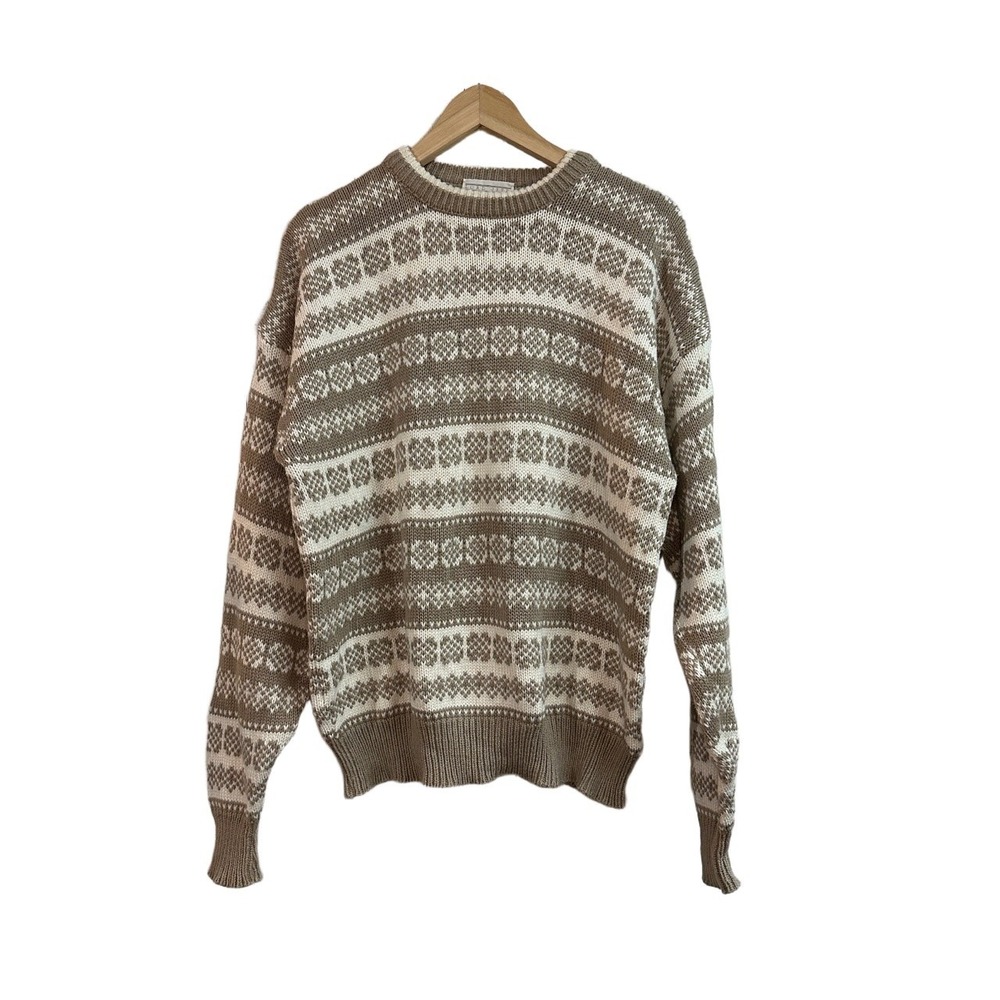 Lord‎ Jeff Vintage Fair Isle Knit Sweater XL Tan White Cotton Made in USA Mens